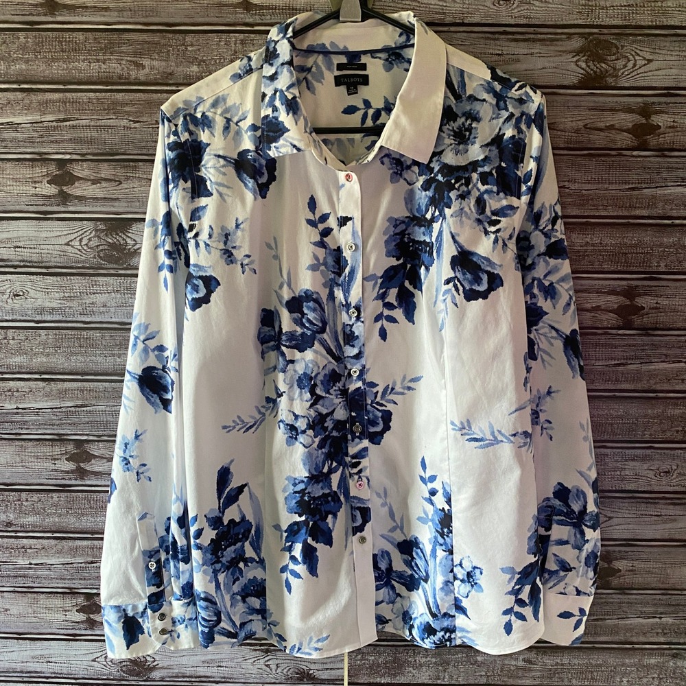 Talbots Women's Long-Sleeved Button-Down Top Size 10 White Blue Floral Non-Iron